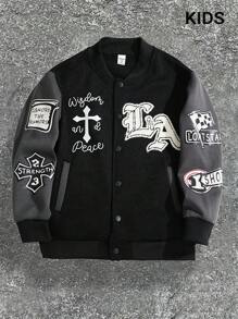 PAVTROS Tween Boy 街头风格植绒刺绣宽松保暖加厚棒球夹克，适合秋冬季