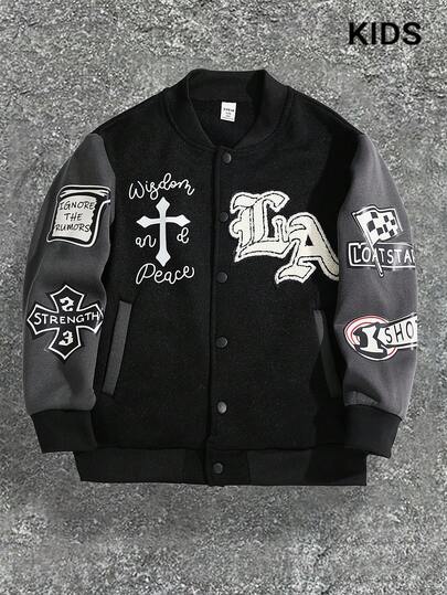 PAVTROS Tween Boy 街头风格植绒刺绣宽松保暖加厚棒球夹克，适合秋冬季