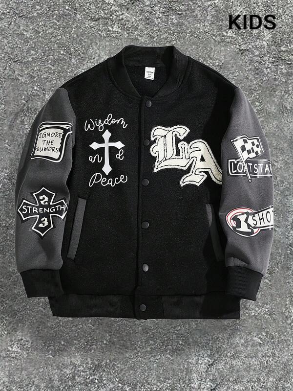 SHEIN Tween Boy Street Style Flocked Embroidered Loose Fit Warm Padded Baseball Jacket, Suitable For Autumn/Winter