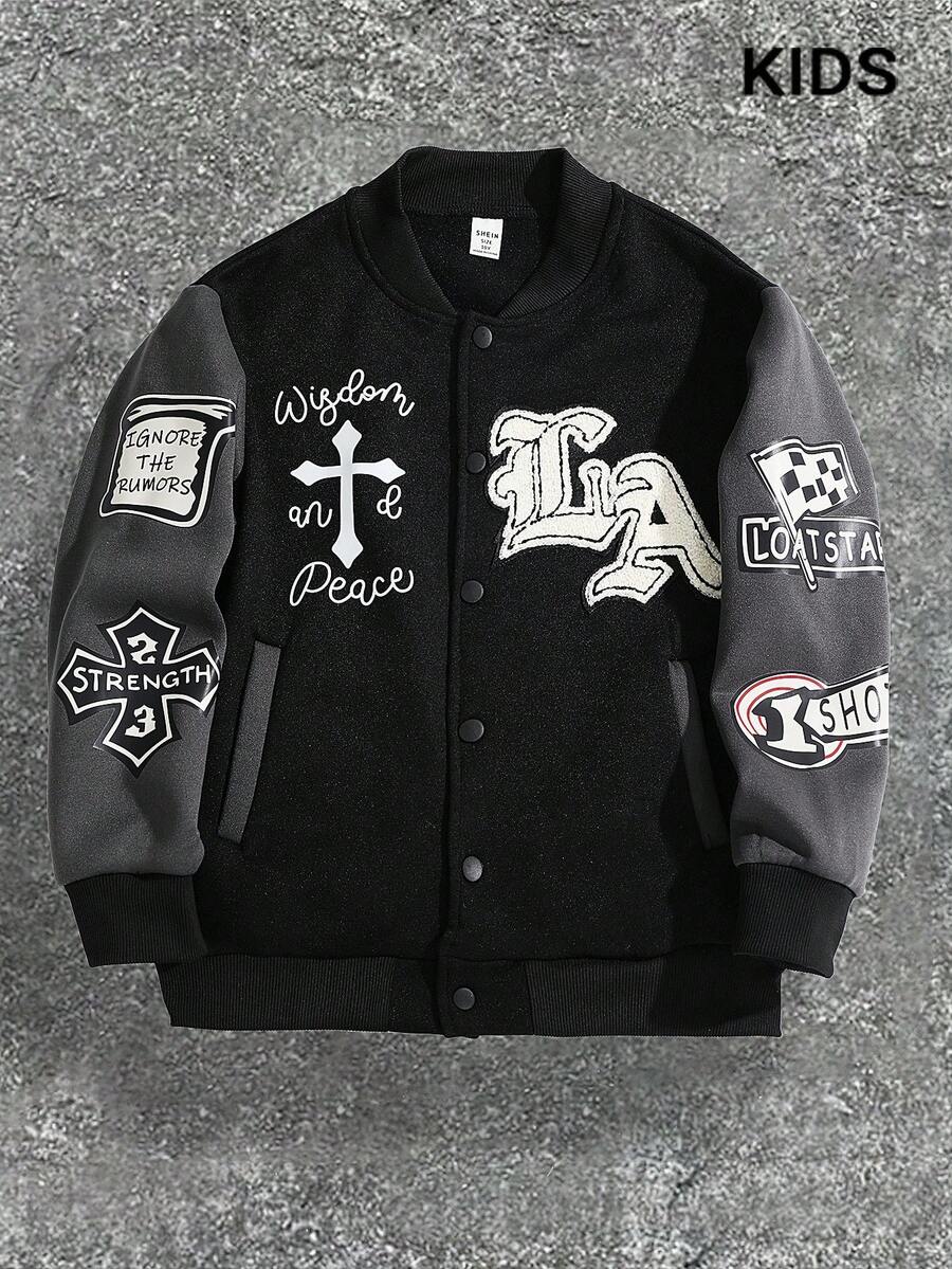 PAVTROS Tween Boy 街头风格植绒刺绣宽松保暖加厚棒球夹克，适合秋冬季