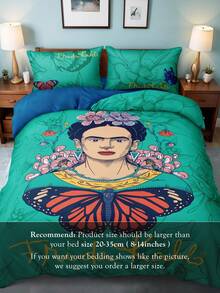 Frida Kahlo X SHEIN Juego de ropa de cama de 3 piezas con estampado de flores y mariposas verdes, de tela suave y transpirable, se ajusta a varios tamaños de cama para decoración del dormitorio