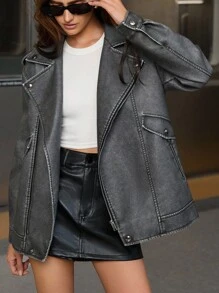 Chiquease 全新时尚休闲别致简约百搭拉链翻领皮夹克，高品质女士外套 - 黑與白 - 查看 2