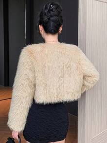 DAZY 女士V领短款宽松长袖优雅蓬松性感夹克秋冬蓬松外套 - 米色 - 查看 3