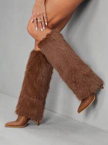 CUCCOO SZL 女士尖头高筒细高跟棕色毛茸茸腿靴，过膝长靴，时尚迷人性感火辣女士骑士靴，高筒靴 - 棕色 - 查看 1