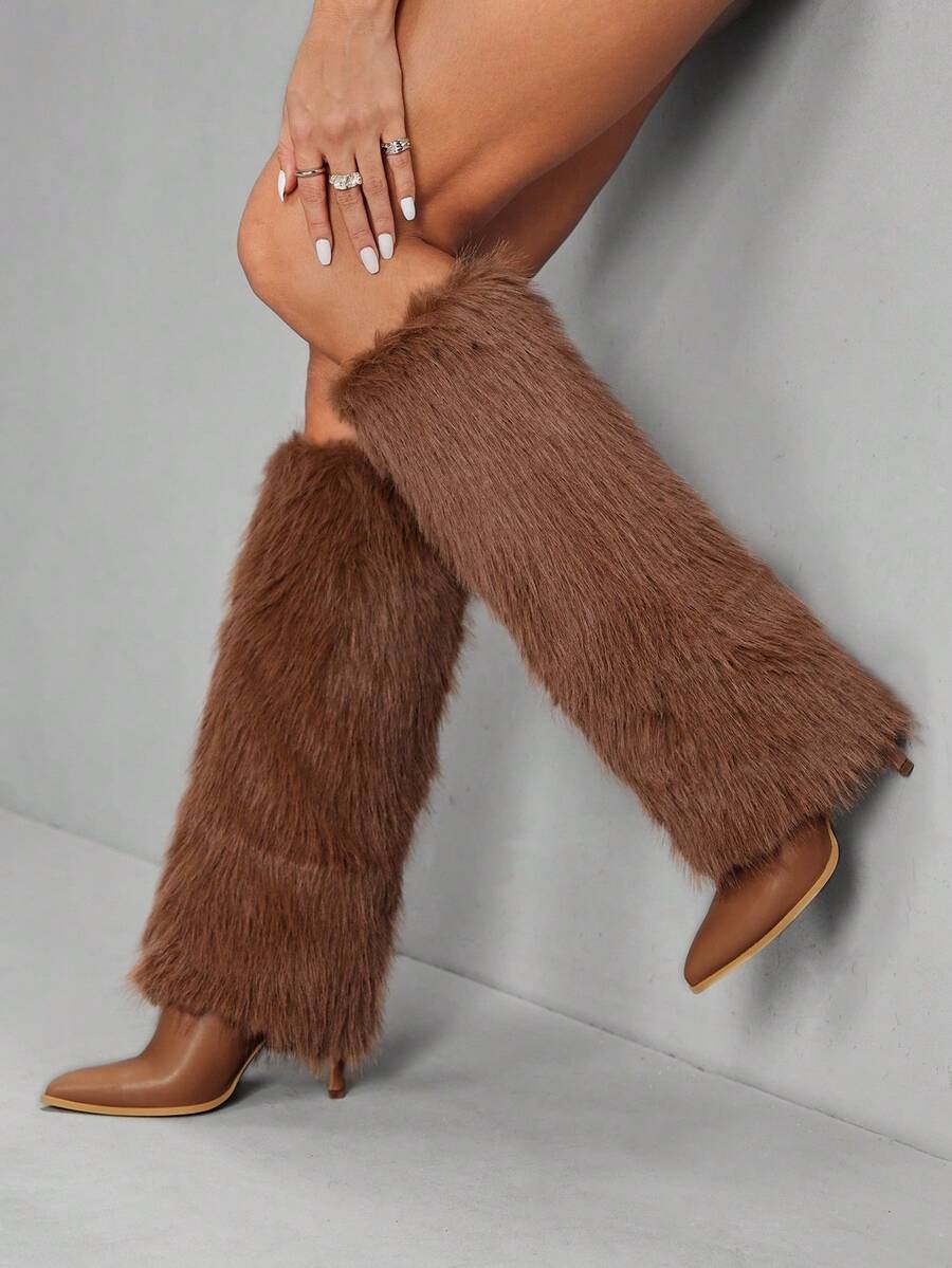 CUCCOO SZL 女士尖头高筒细高跟棕色毛茸茸腿靴，过膝长靴，时尚迷人性感火辣女士骑士靴，高筒靴 - 棕色 - 查看 1