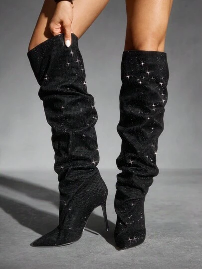 CUCCOO SZL Women's Rhinestone Pointed Toe Stiletto Heel Ruched Over-The-Knee Boots, Fashion For Dates And Parties For Christmas Spring Shoes