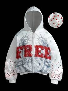 Manfinity EMRG 男士街头风INS风自由女神像“FREE”红色水钻装饰休闲保暖连帽衫，男友/老公礼物，周年纪念礼物，白色拉链连帽衫，红色水钻设计，水钻连帽衫，秋冬款 - 白色 - 查看 3