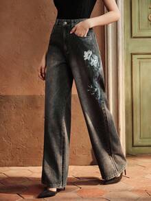 Anewsta Pantalon droit de luxe brodé pour femmes, convient pour la Saint-Valentin, la Fête des Mères, couleur noire - Noir - Voir 5