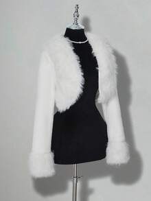 SHEIN ICON 女式休闲简约纯色短款人造毛皮夹克，秋冬 - 白色 - 查看 3