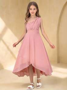 Tween Girl Sleeveless Ruffled Waist Elegant Party Dress, Suitable For Halloween, Christmas - Pink - View 1