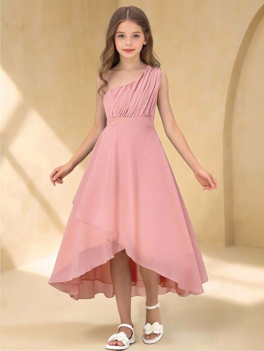 Tween Girl Sleeveless Ruffled Waist Elegant Party Dress, Suitable For Halloween, Christmas - Pink - View 1
