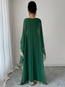 Elenzga Women's V-Neck Semi-Sheer Mesh Ruffled Trim Dress, Elegant Minimalist Casual Cocktail Party Vacation Evening Gown, Autumn Fall Cloth For Women - Dark Green - View 2