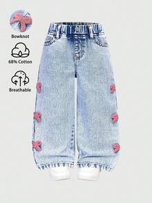 SHEIN 女童百搭时尚破洞直筒蓝色牛仔裤 - 藍色 - 查看 4