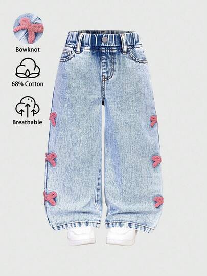 SHEIN 女童百搭时尚破洞直筒蓝色牛仔裤