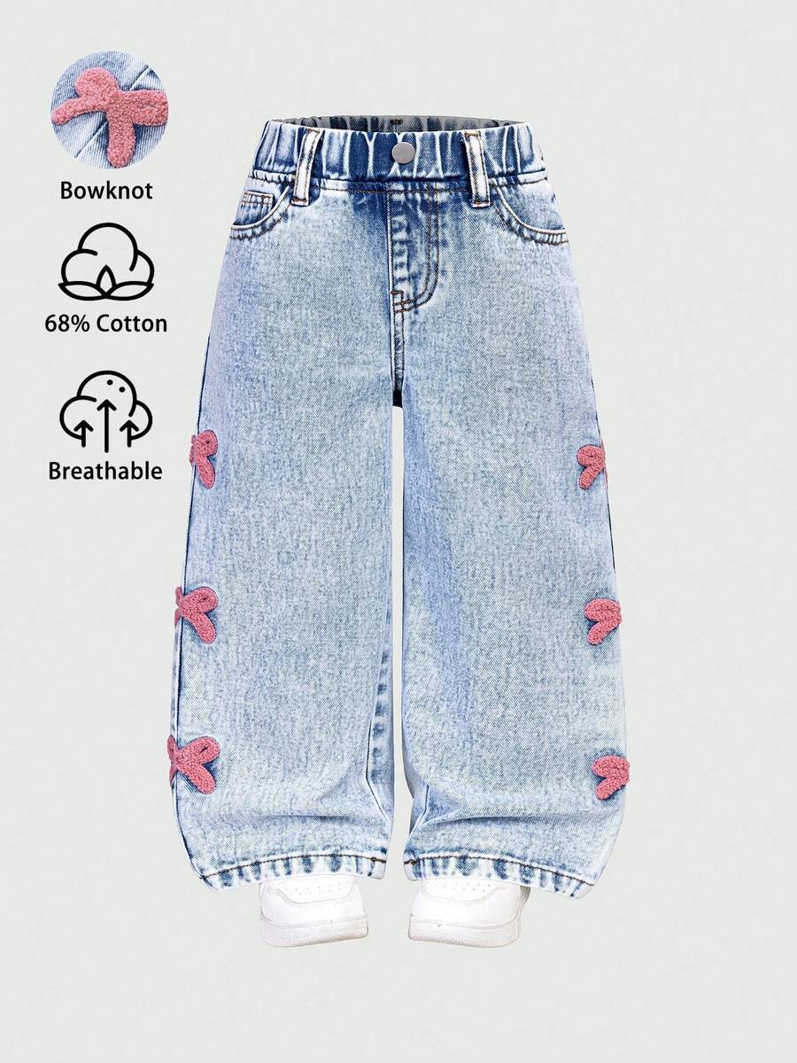 SHEIN 女童百搭时尚破洞直筒蓝色牛仔裤 - 藍色 - 查看 1