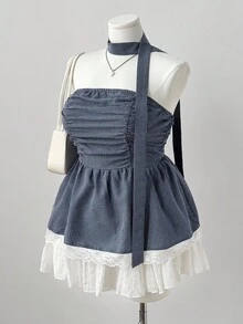 Sunspun 加大码蕾丝下摆格子抹胸上衣搭配格子围巾装饰 - 藍色 - 查看 7