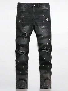 Manfinity Homme 男士街头时尚休闲破洞紧身黑色牛仔裤，emo 风格 - 黑色 - 查看 7