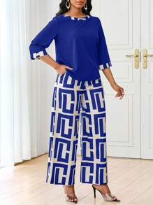 SHEIN Lady 春夏秋冬休闲优雅黑色针织V领喇叭纽扣短款长袖休闲优雅大码套装情人节新年女装夏季女装夏季 - 寶藍色 - 查看 3