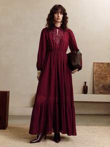 EMERY ROSE 女式纯色简约蕾丝领长袖连衣裙 - 酒紅色 - 查看 7