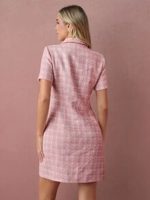 Enchnt Fall/Winter Romantic Women's Elegant Commuter Pink Tweed Button Front Short Sleeves Mini Dress ,Sweet&Elegant&Fashionable For Vacation&Date&Holiday&Birthday&Party&Graduation&Wedding Guest&Office&Going Out,Back To School,Fall Dress For Women,Autumn Clothes - Pink - View 7