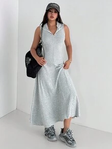 Aidyla Women's Autumn Knitted Brushed Ribbed Grey Sleeveless Mock Neck Fitted Slit Dress Turtleneck Dress Fall Women Dress - Grey - View 2