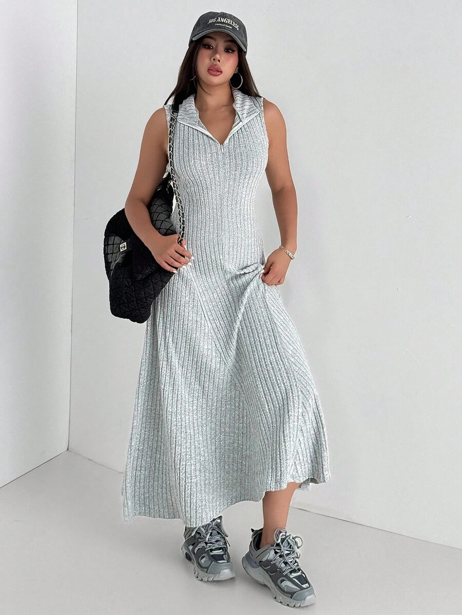 Aidyla Women's Autumn Knitted Brushed Ribbed Grey Sleeveless Mock Neck Fitted Slit Dress Turtleneck Dress Fall Women Dress