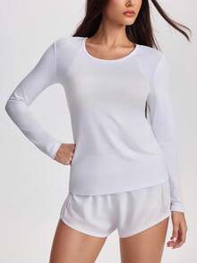 SHEIN Sports 女士纯色圆领长袖休闲运动 T 恤长袖健身衫女士女士白色运动上衣防晒衫女士长袖健身上衣白色长袖运动衫 - 白色 - 查看 5