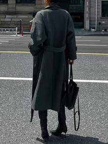 DAZY 女士宽松长款翻领系带休闲大衣 秋冬款 - 灰色 - 查看 6