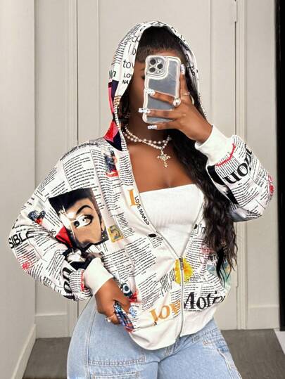 BamGleam Sudadera con capucha de mujer con estampado retro de periódico