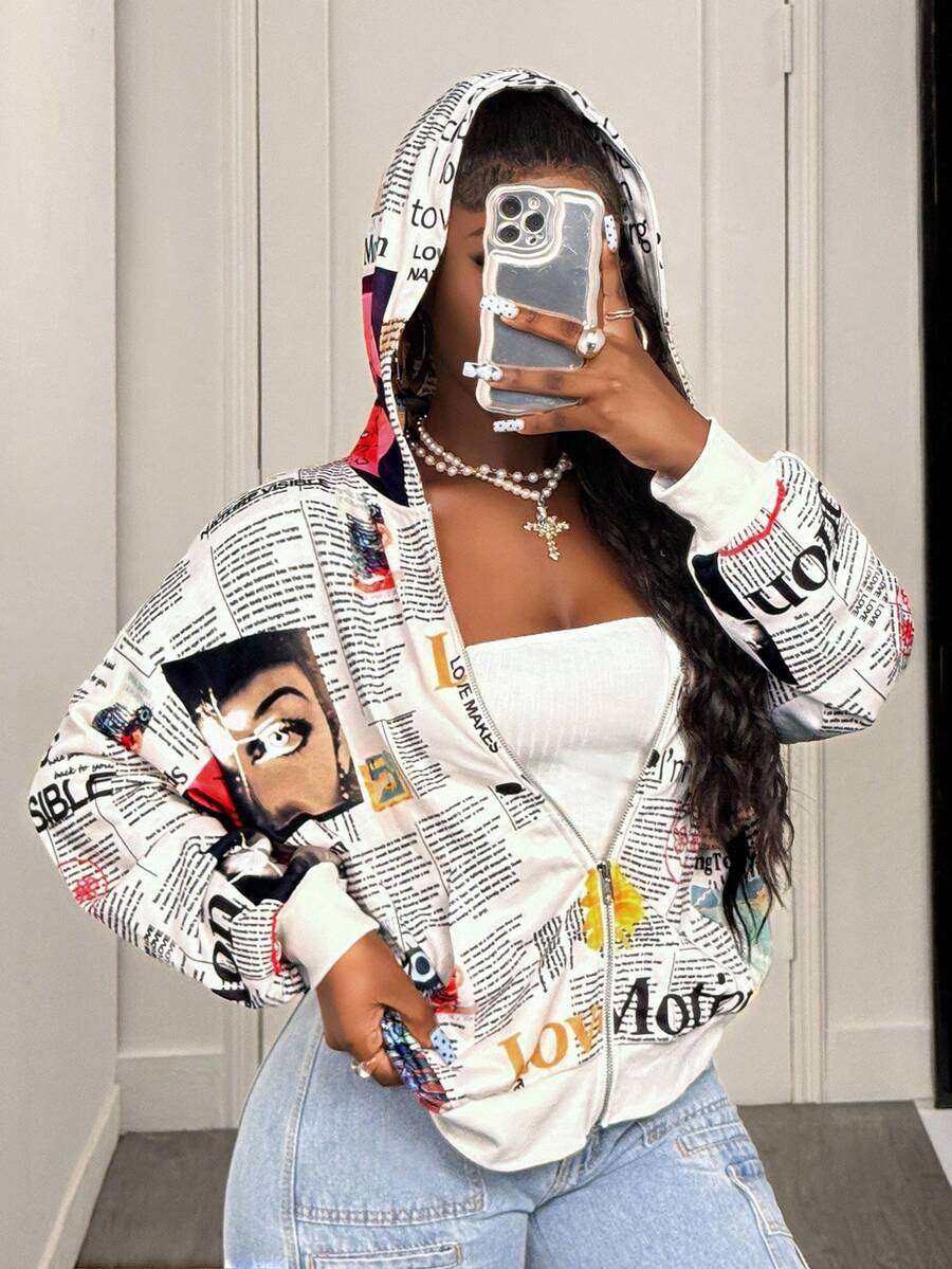 BamGleam Sudadera con capucha de mujer con estampado retro de periódico - Blanco y Negro - Ver 1