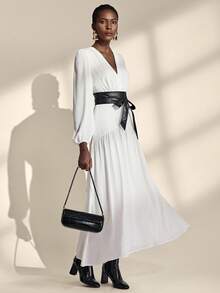 Almamuse Women's Elegant Long Sleeve V-Neck Leather Waist Belt Contrast Color Dress Fall Cloth For Women - Black and White - View 7