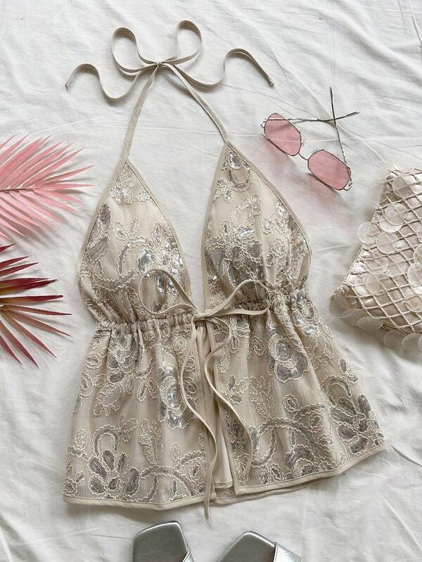 Dreamara Débardeur femme romantique à col en V avec perles brodées et dos noué, convient pour les vacances, les fêtes, les rendez-vous, le thé de l'après-midi, la saison des mariages, la plage, les vacances de printemps/été, les croisières, les festivals de musique, le style bohème