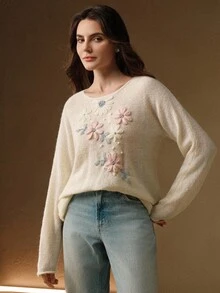 Anewsta 女士刺绣优雅套头衫 - 杏色 - 查看 5