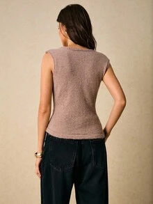 Poéselle Women's Elegant Dusty Mauve Single-Breasted Fitted Cardigan Vest,Simple Solid Autumn Sweater For Brunch,Party,New Year,Old Money Fall/Winter Commuter - Coffee Brown - View 7