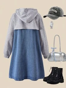 SHEIN Explorewe 1pc Girls' Fashionable 2 In 1 Hooded  Patchwork Long Sleeve Dress, Suitable For Spring/Autumn Commuting And Campus Wear - Multicolor - View 2