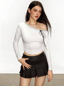 INAWLY Women's Elegant Asymmetric Collar Cropped T-Shirt, Suitable For Commuting Fall Cloth For Women - White - View 4