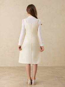 Tween Girl Elegant White Long Puff Sleeve Textured T-Shirt&Pearl Button Bodycon Dress Set,Back-To-School Autumn School Christmas Graduation Formal - Apricot - View 2