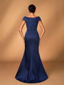 Serin 优雅奢华珍珠和钻石刺绣蕾丝贴花缎面露肩美人鱼连衣裙，适合婚礼、活动、派对、度假、舞会、新娘和新娘母亲 - 藏蓝色 - 查看 3