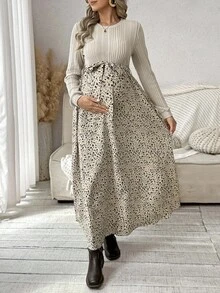 SHEIN Maternity Round Neck Raglan Sleeve Split Ditsy Floral Summer Dress - Multicolor - View 5