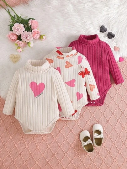 SHEIN 3pcs Baby Boys' Turtleneck Ribbed Thermal Lined Bodysuit Set, Pink Heart Print Cute & Warm Fuzzy Thickened, Suitable For Autumn/Winter Outdoor Play Or Casual Everyday Wear Fall