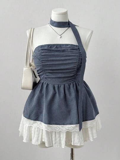 Sunspun 加大码蕾丝下摆格子抹胸上衣搭配格子围巾装饰