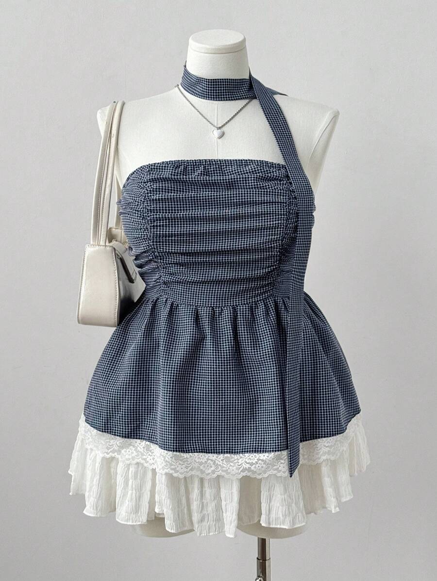 Sunspun 加大码蕾丝下摆格子抹胸上衣搭配格子围巾装饰 - 藍色 - 查看 1