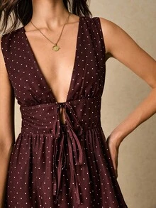 Poéselle 女士波尔卡圆点V领无袖系带连衣裙，时尚夏季