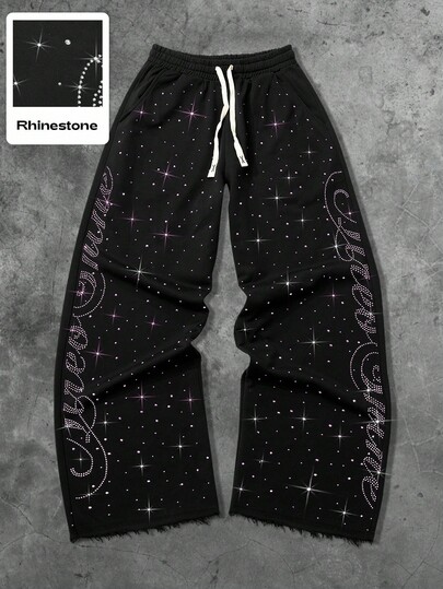 Street Life Pantaloni della tuta con gamba dritta, stile streetwear unisex, con strass e testo in inglese