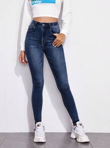 SHEIN Essnce 休闲高腰紧身破洞牛仔裤