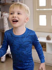 4pcs/Set Toddler Boy Pajamas,Colorful Striped & Cartoon Dinosaur Print Long Sleeve Top With Leggings,Snug Fit Comfortable Kids Lounge Set For Fall - Multicolor - View 3