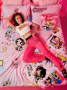 THE POWERPUFF GIRLS X SHEIN 3 件套卡通花朵、泡泡、毛茛图案羽绒被套套装，1 件羽绒被套和 2 件枕套，不含枕芯，可爱布艺床上用品，适用于卧室 - 彩色 - 查看 5