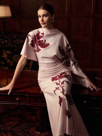 ZEYLAH Women's Floral Print Short Sleeve One-Shoulder Elegant Maxi Dress