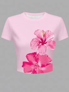 INAWLY تي شيرت كاجوال قصير الأكمام بطبعة زهور وياقة مستديرة للنساء، صيفي - وردي - مشاهدة 3