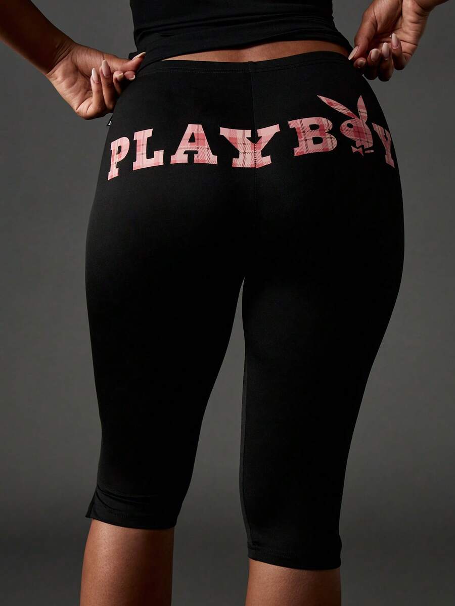 Missguided x Playboy Mallas capri de talle alto con estampado de logotipo rosa para mujer - Negro - Ver 1